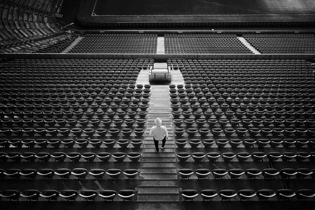 Stadium seating perspective photography, photographic, monochrome, dark