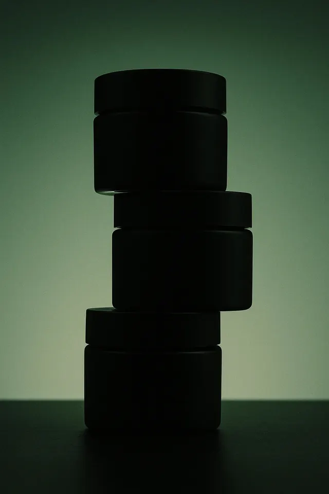 Stacked cosmetic jars monochrome, minimal, photographic, dark