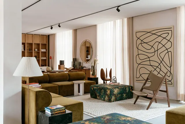 Mid-century modern living room with warm wood tones, minimal, organic, warm