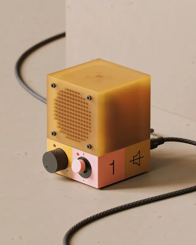 Minimalist orange speaker box with controls, minimalist, technical, warm