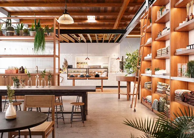 Sawmill Market interior with wood and plants, organic, warm, warm