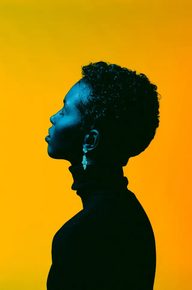 Silhouette profile portrait with golden background, photographic, bold, vibrant