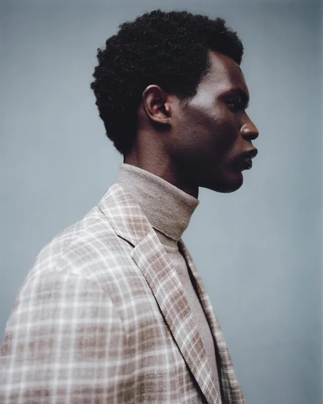Person in light plaid suit side profile portrait, photographic, corporate-clean, light