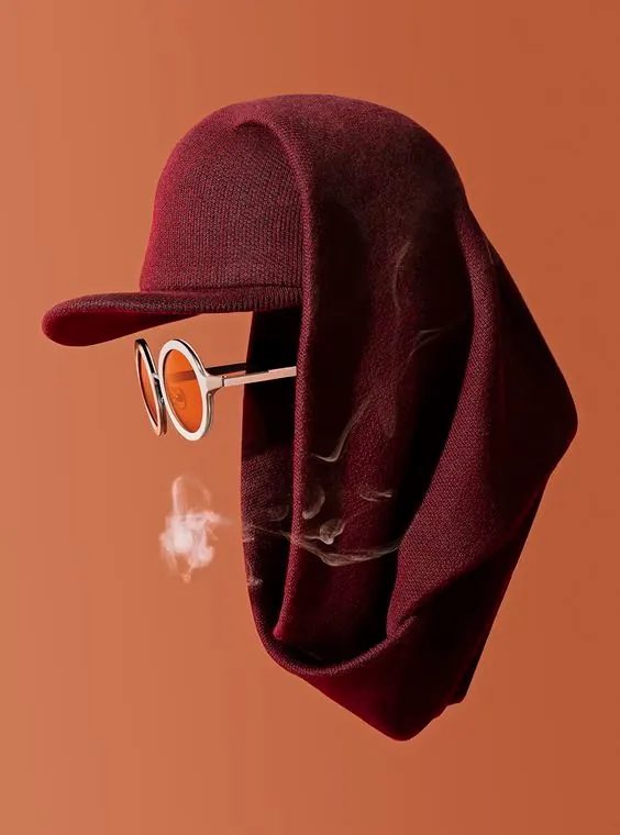 Stylized vape product mockup with eyewear, illustrated, playful, warm