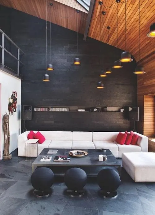 Brutalist living room with wood ceiling, brutalist, corporate-clean, dark
