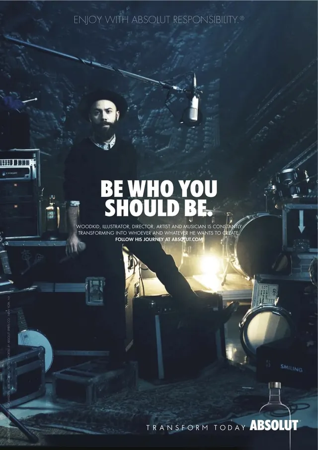 Absolut vodka transformation campaign image, dark-mode, editorial, dark