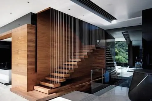 Interior staircase with wood and steel, corporate-clean, minimal, warm