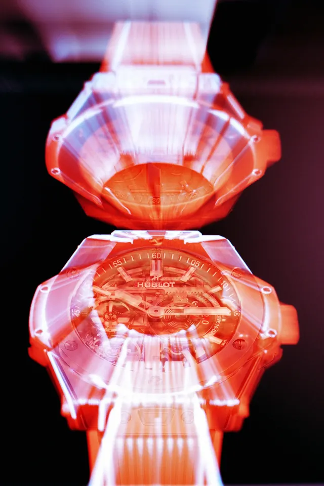 Translucent robot watch close-up product shot, photographic, technical, vibrant