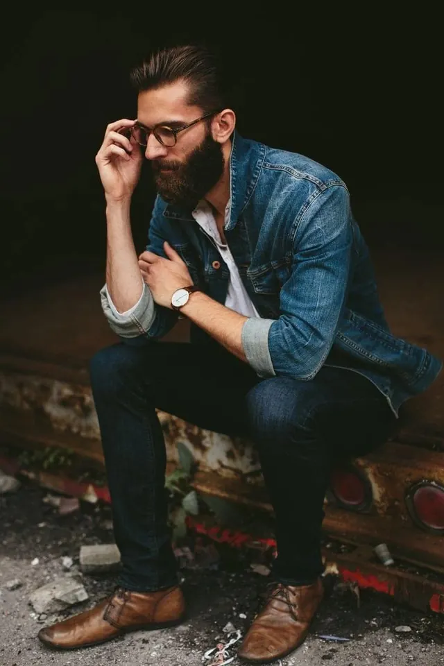 Portrait with glasses and denim, photographic, minimal, dark