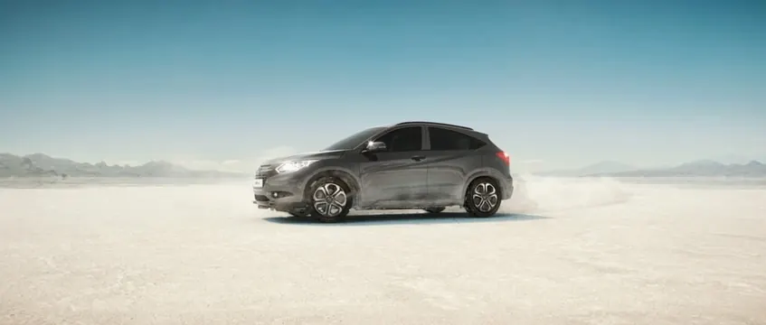 Vehicle product shot on white desert landscape, photographic, minimal, light