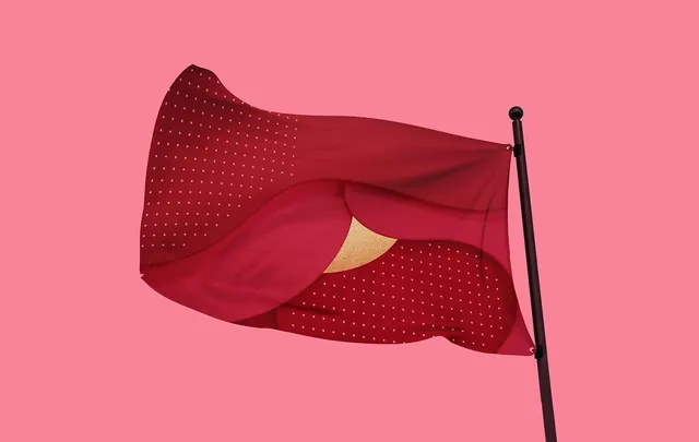 Flag with perforated burgundy panels and gold accent, minimal, geometric, vibrant