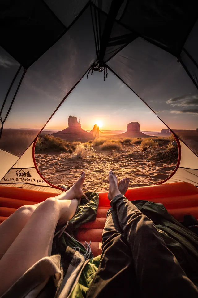 Tent interior at sunset desert landscape, photographic, warm, warm
