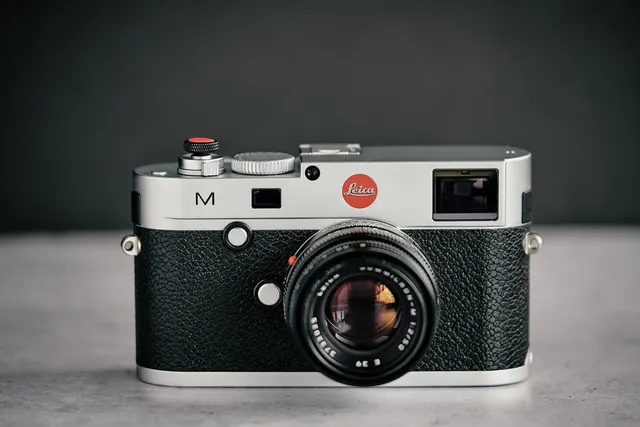 Vintage Leica M rangefinder camera product shot, photographic, minimal, light