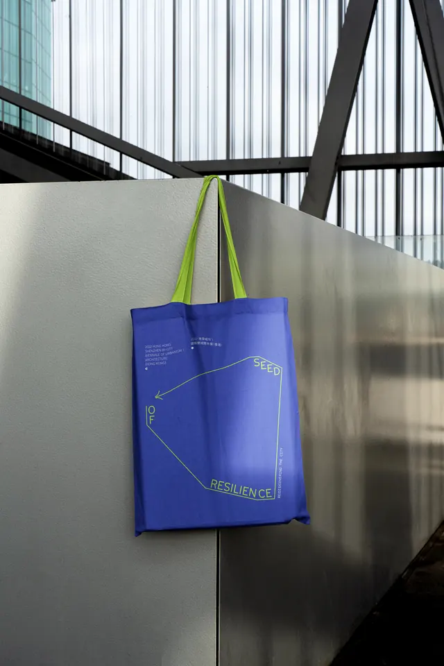 Blue tote bag with geometric line diagram, minimal, geometric, vibrant
