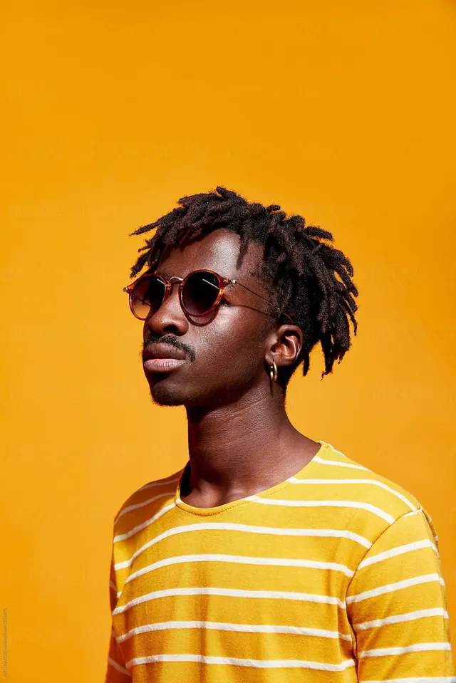 Portrait against vibrant yellow background, photographic, minimalist, vibrant