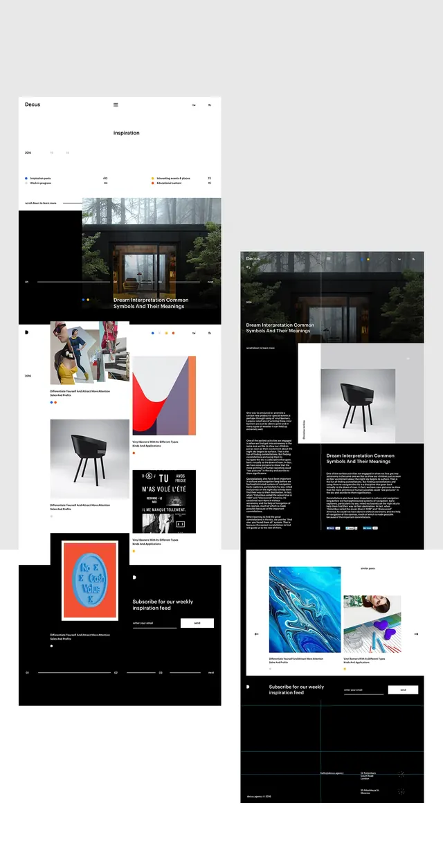 Architectural design inspiration gallery, dark-mode, photographic, dark