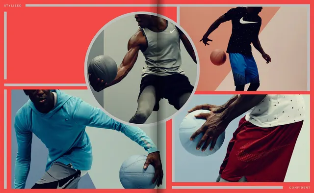 Sports marketing campaign layout with grid, editorial, photographic, warm