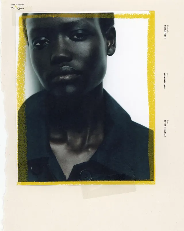 Fashion beauty portrait with yellow frame, editorial, minimal, warm