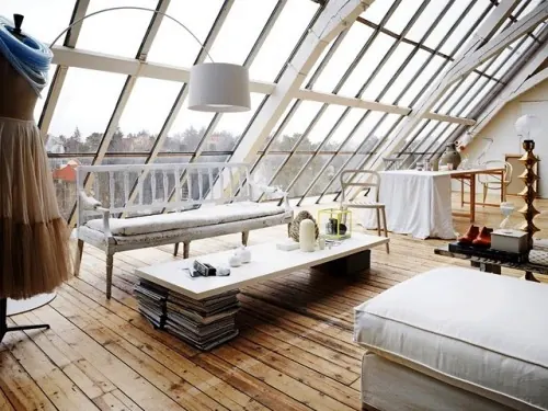 Minimalist loft interior with skylight, minimal, photographic, light
