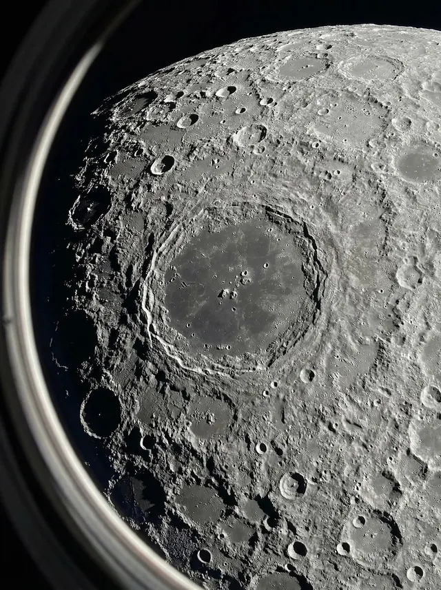Moon crater surface close-up, photographic, technical, monochrome