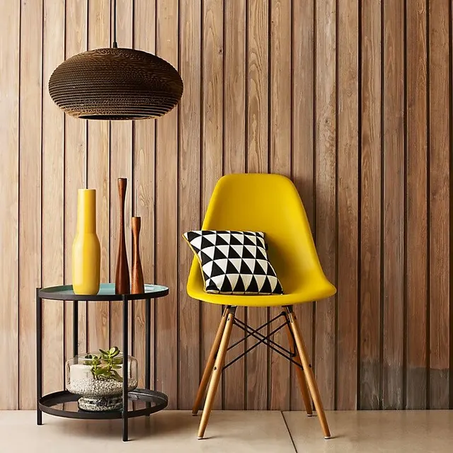 Mid-century interior with yellow chair, minimal, mid-century, warm