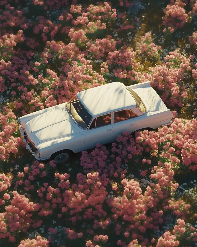 Vintage car overhead aerial photography, photographic, retro, warm