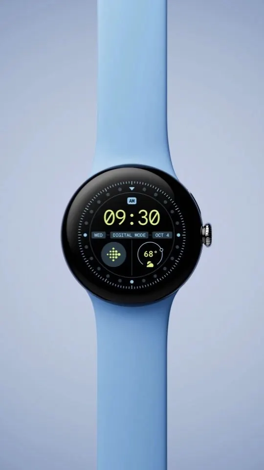 Smartwatch display with digital information layout, technical, minimal, light
