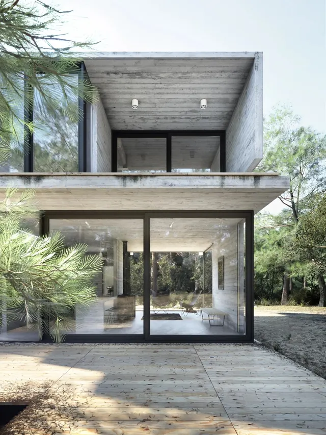 Modernist residential facade with oversized glazing, minimal, technical, cool