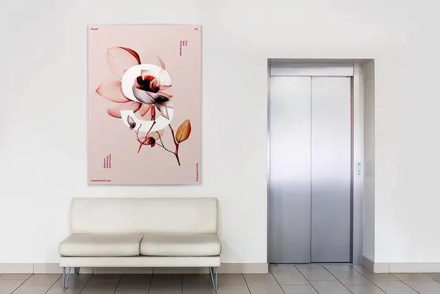 Minimalist room with floral artwork and elevator, minimal, light-mode, light