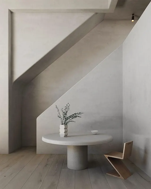 Minimalist interior with round table and angled light, minimal, photographic, light