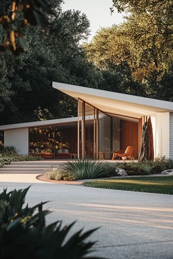 Midcentury modern house exterior at golden hour, minimal, organic, warm