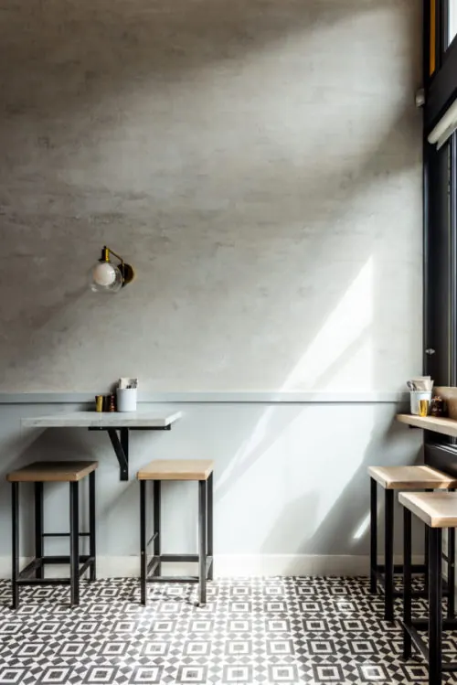 Minimalist kitchen bar with raking light, minimal, swiss, warm