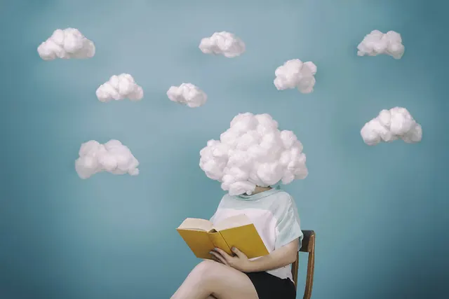 Cloud-head surrealist studio setup, surreal, illustrated, cool