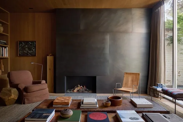 Minimalist interior with fireplace and wood paneling, photographic, minimal, warm
