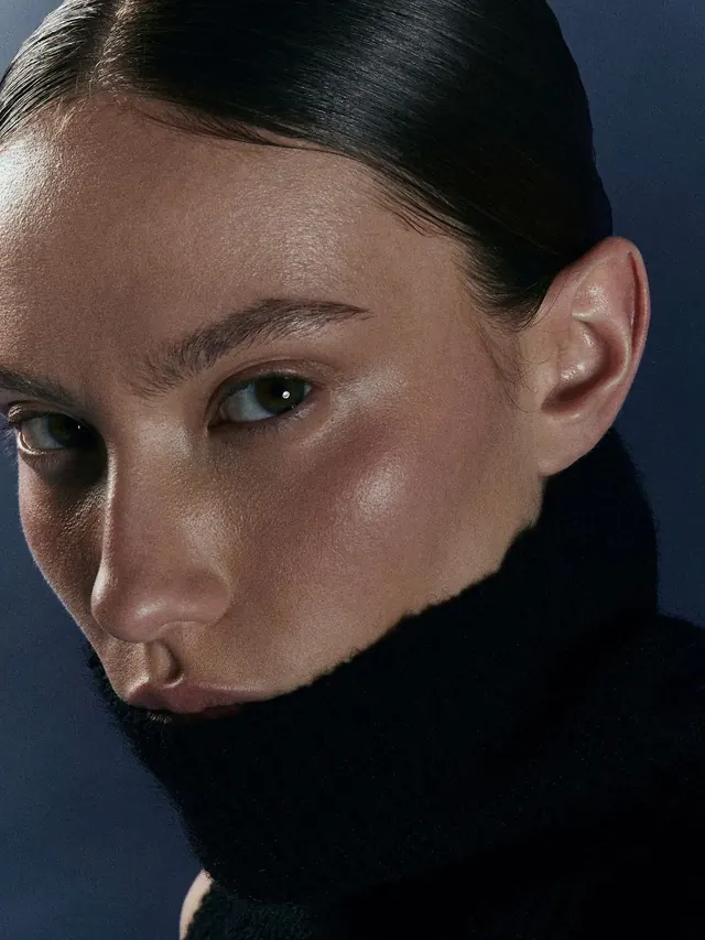 Close-up portrait with minimalist lighting, photographic, minimal, muted