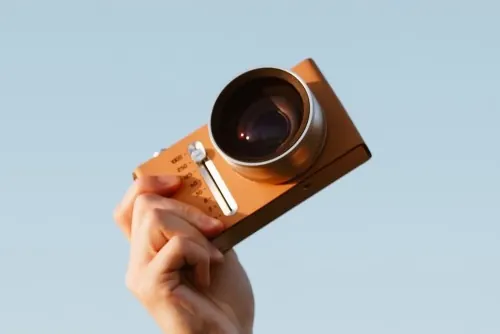 Minimalist wooden camera handhold, minimalist, photographic, light