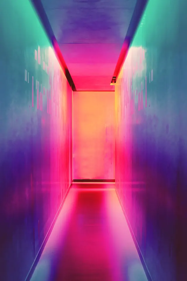 Neon gradient corridor installation art, 3d-render, gradient-heavy, vibrant