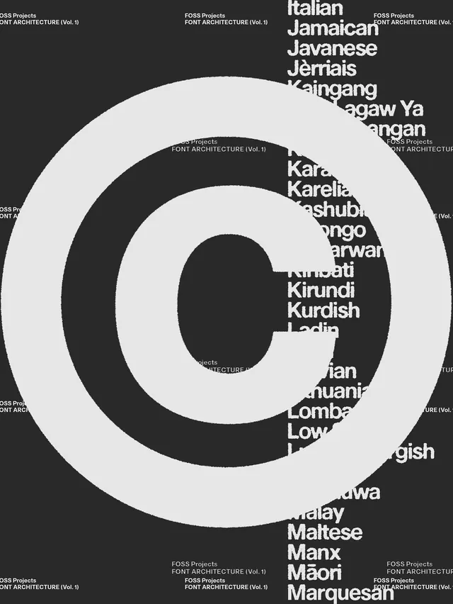 FOSS Font Architecture Vol. 1 concentric type specimen, minimal, technical, dark