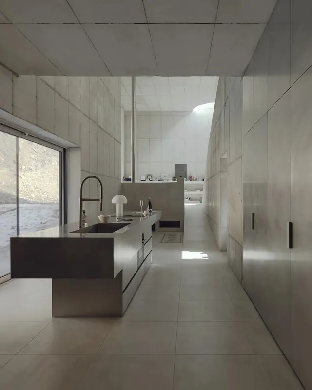 Minimalist kitchen interior with green tile, minimal, swiss, light