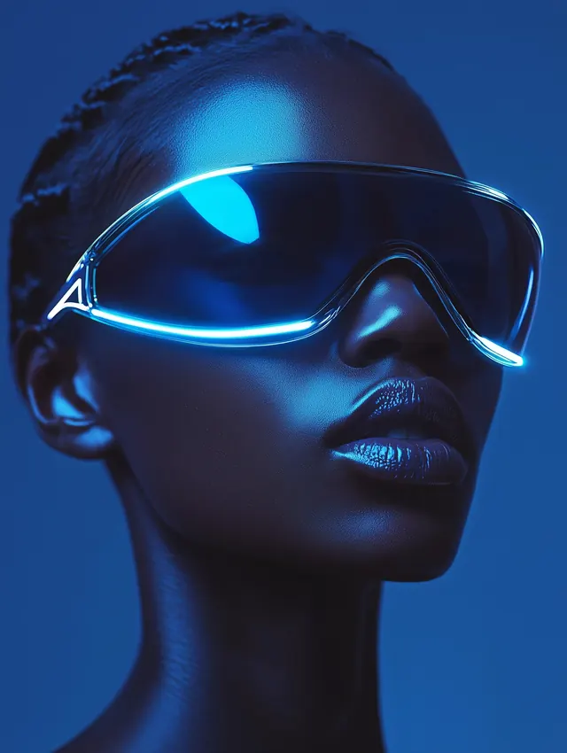 Cyan neon-lit futuristic glasses on dark portrait, photographic, neon, neon