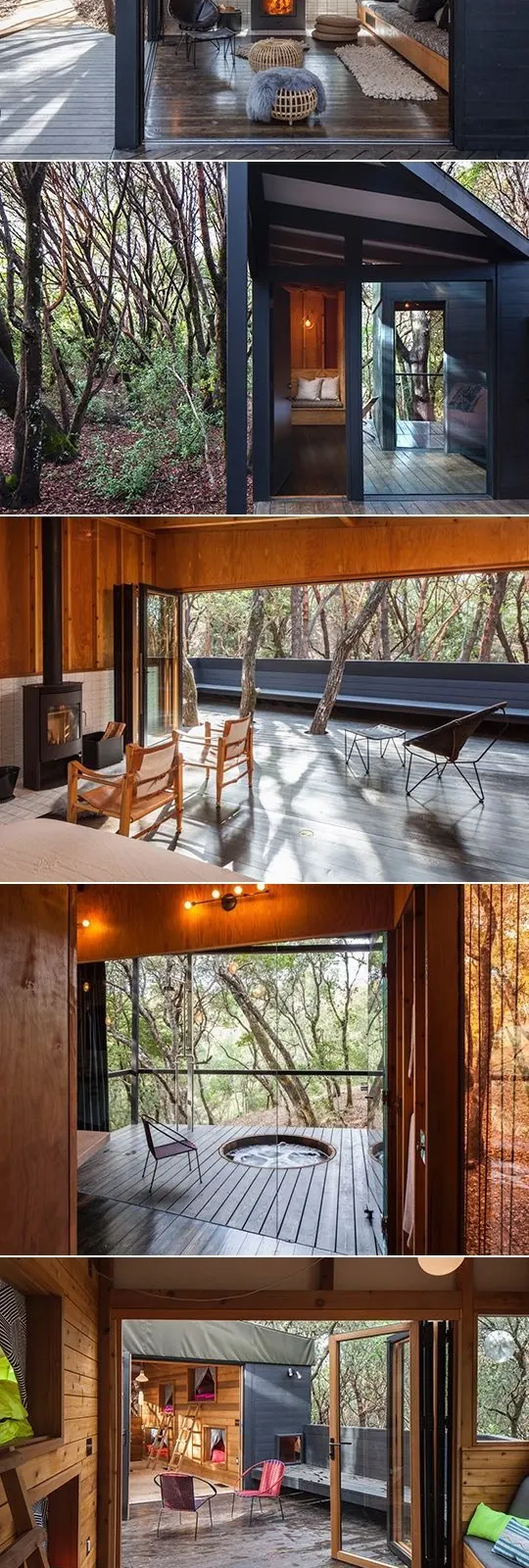 Forest cabin with dark exterior and warm interior, organic, photographic, dark