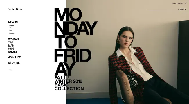 Zara fashion campaign with oversized typography, editorial, corporate-clean, dark