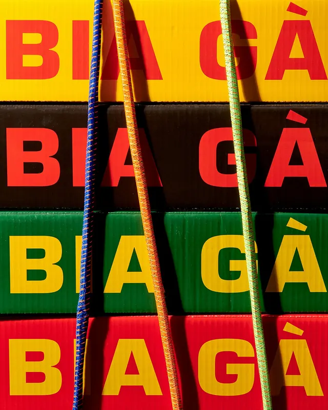 Colorful stacked signage with rope details, photographic, colorful, vibrant