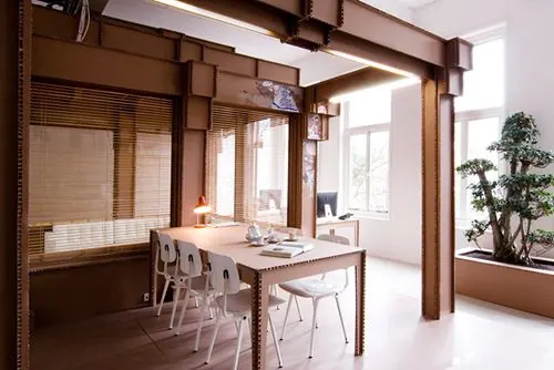 Minimalist office interior with wooden frames, minimal, photographic, warm