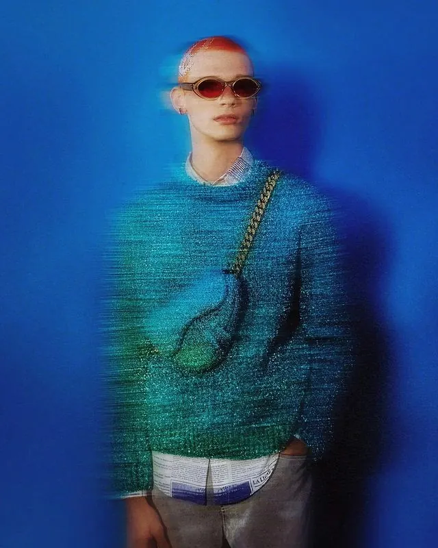 Portrait with pixelated/glitch fashion effect, photographic, glitch, cool