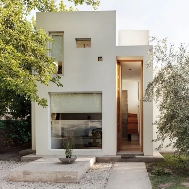 Minimalist modern residential facade, photographic, minimal, light