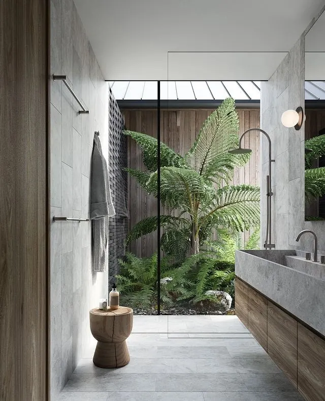 Luxury modern bathroom interior with plants, minimal, luxury, monochrome