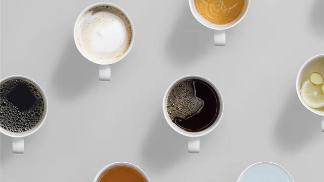 Minimalist overhead coffee and beverage flat lay, minimal, photographic, light