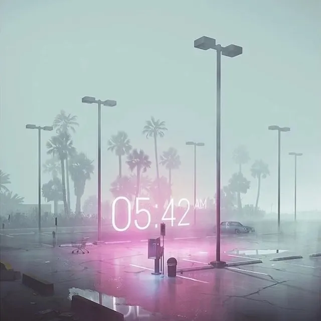 Parking lot at dawn with neon time display, photographic, technical, cool