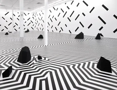 Optical illusion interior with dashes and stripes, monochrome, geometric, monochrome